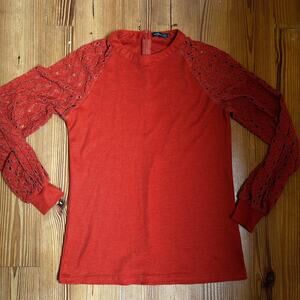 Miholl orange lace‎ long sleeve waffle knit tee SIZE S